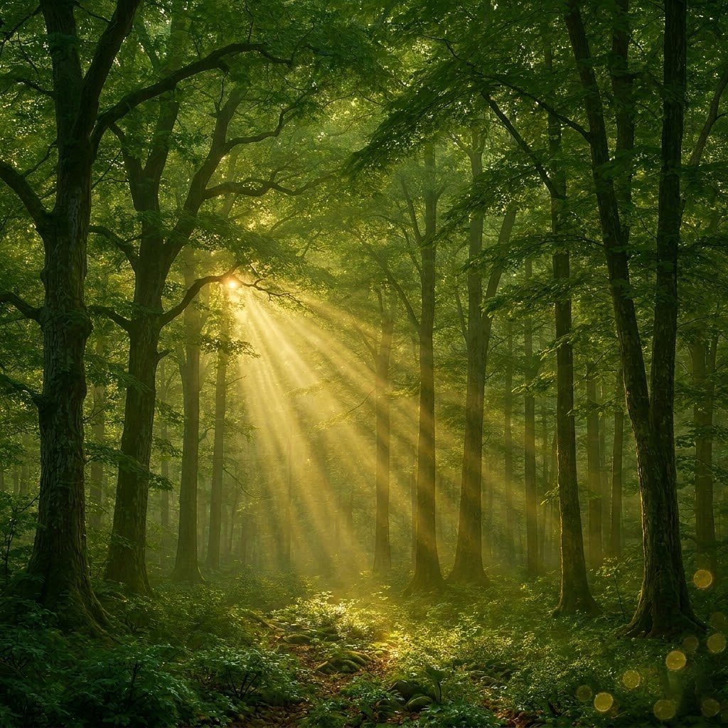 Sunlight filtering through forest trees