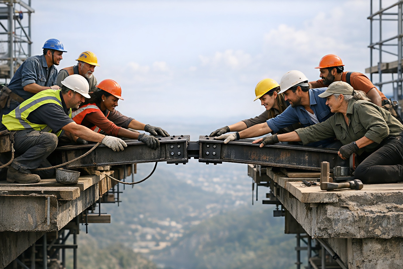 Construction team on bridge